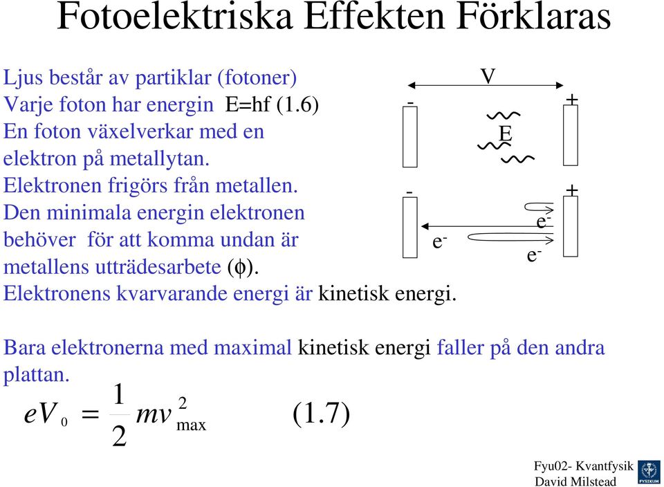 - + Den minimala energin elektronen e - behöver för att komma undan är e - e metallens utträdesarbete (φ).