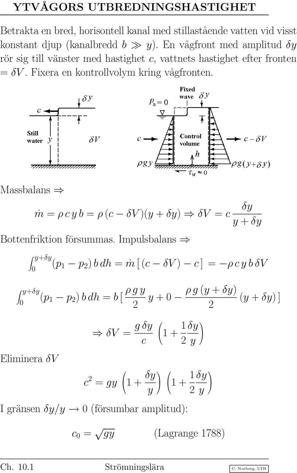Massbalans ṁ = ρcy b = ρ (c δv )(y + δy) δv = c Bottenfriktion försummas.