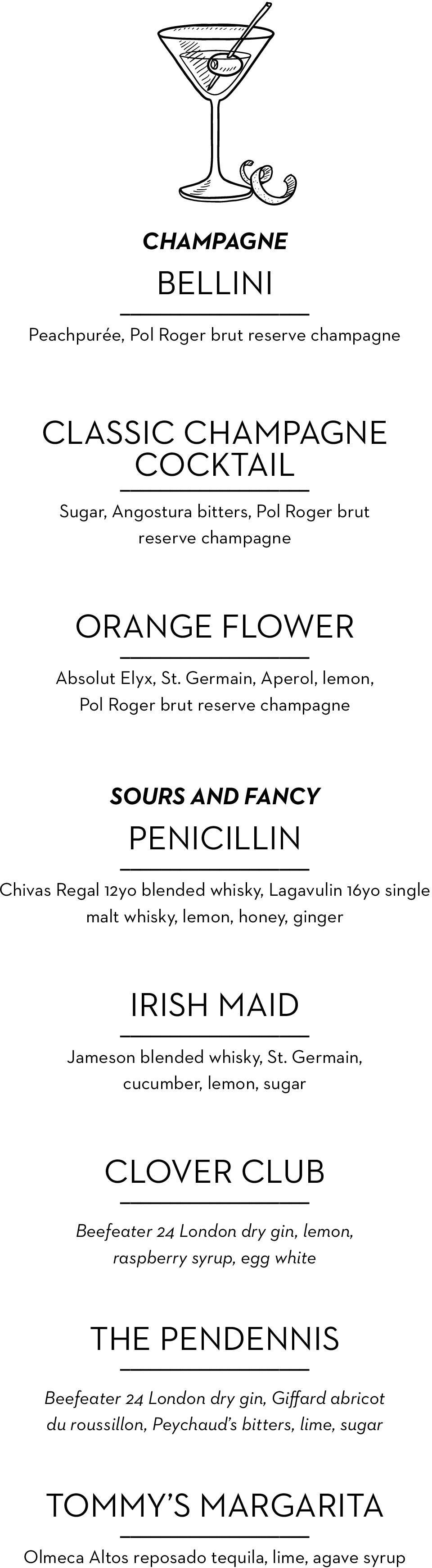Germain, Aperol, lemon, Pol Roger brut reserve champagne SOURS AND FANCY PENICILLIN Chivas Regal 12yo blended whisky, Lagavulin 16yo single malt whisky, lemon, honey,