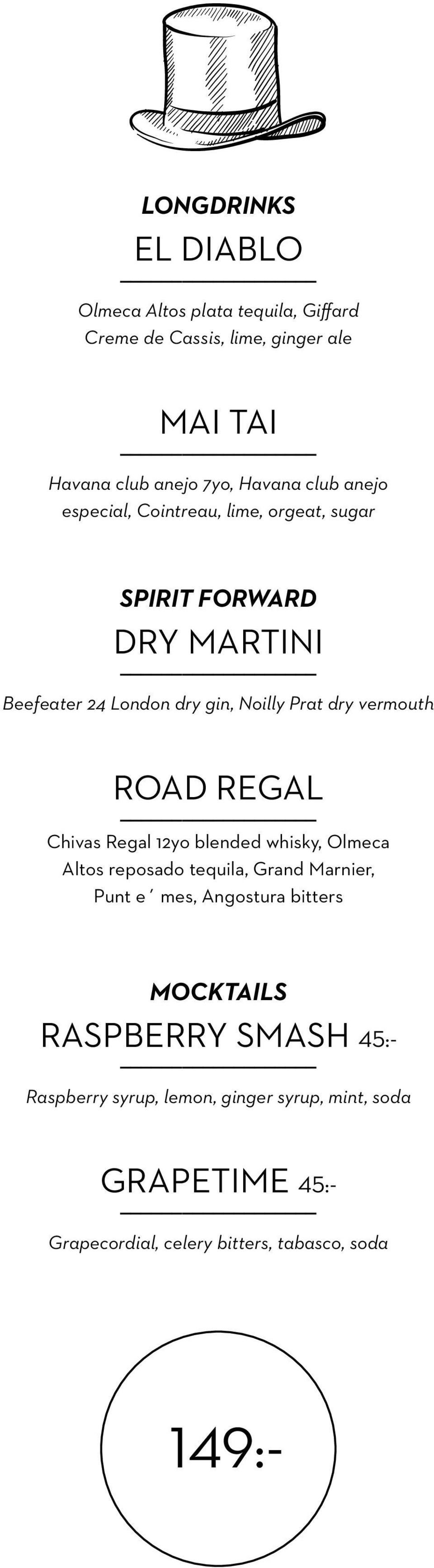 vermouth ROAD REGAL Chivas Regal 12yo blended whisky, Olmeca Altos reposado tequila, Grand Marnier, Punt e mes, Angostura bitters