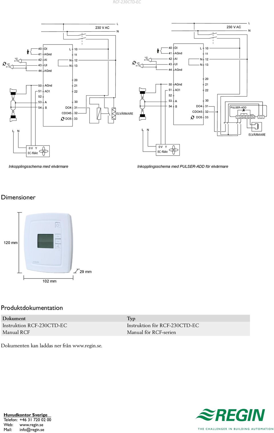 Inkopplingsschema med PUSERADD för elvärmare Dimensioner 120 mm 29 mm 102 mm Produktdokumentation Dokument Instruktion RCF230CTDEC Manual RCF Typ Instruktion