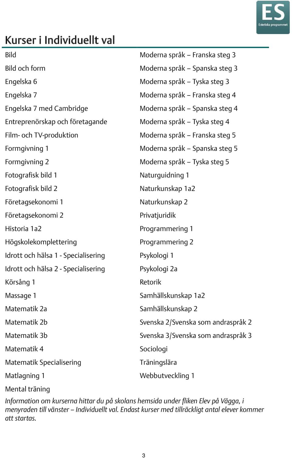 Formgivning 2 Moderna språk Tyska steg 5 Fotografisk bild 1 Naturguidning 1 Fotografisk bild 2 Naturkunskap 1a2 Företagsekonomi 1 Naturkunskap 2 Företagsekonomi 2 Privatjuridik Historia 1a2