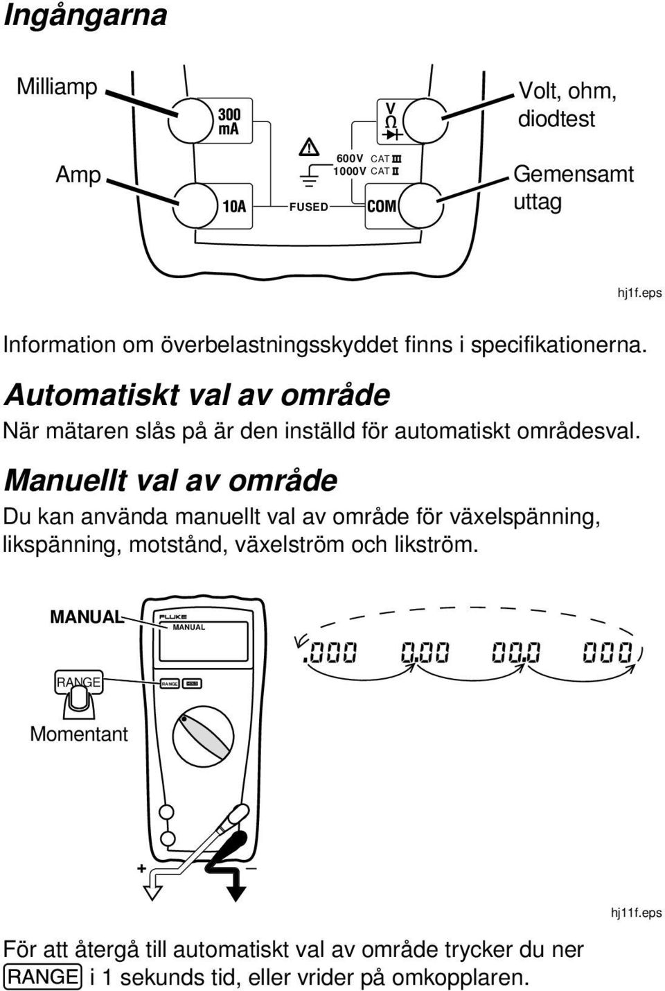 Automatiskt val av område När mätaren slås på är den inställd för automatiskt områdesval.