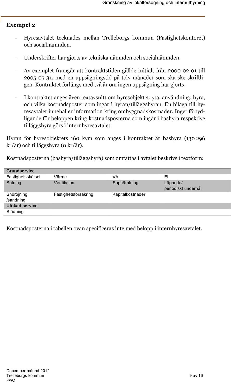 Kontraktet förlängs med två år om ingen uppsägning har gjorts. - I kontraktet anges även textavsnitt om hyresobjektet, yta, användning, hyra, och vilka kostnadsposter som ingår i hyran/tilläggshyran.