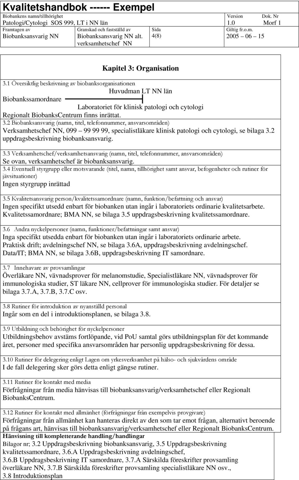 2 Biobanksansvarig (namn, titel, telefonnummer, ansvarsområden) Verksamhetschef NN, 099 99 99 99, specialistläkare klinisk patologi och cytologi, se bilaga 3.