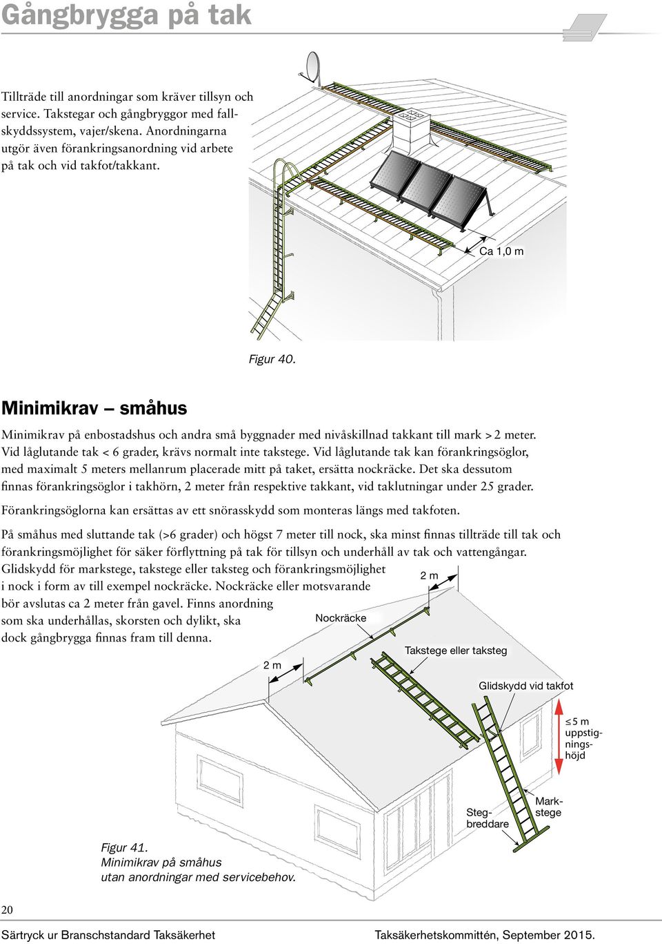 Minimikrav småhus Minimikrav på enbostadshus och andra små byggnader med nivåskillnad takkant till mark > eter. Vid låglutande tak < 6 grader, krävs normalt inte takstege.