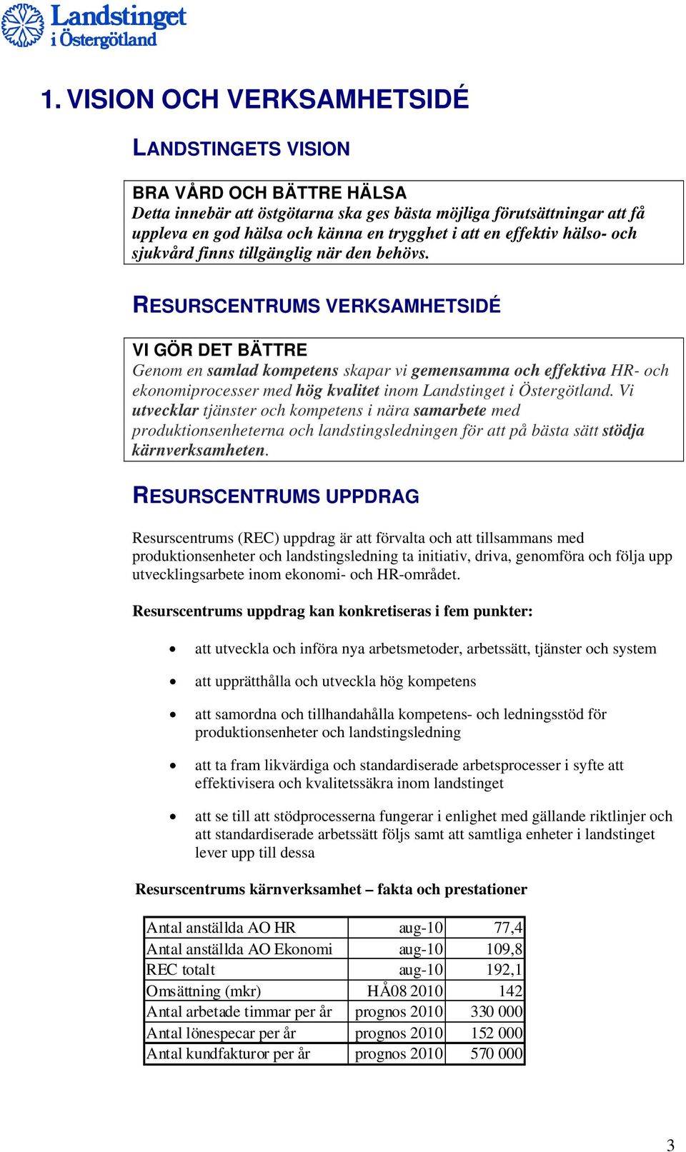 RESURSCENTRUMS VERKSAMHETSIDÉ VI GÖR DET BÄTTRE Genom en samlad kompetens skapar vi gemensamma och effektiva HR- och ekonomiprocesser med hög kvalitet inom Landstinget i Östergötland.