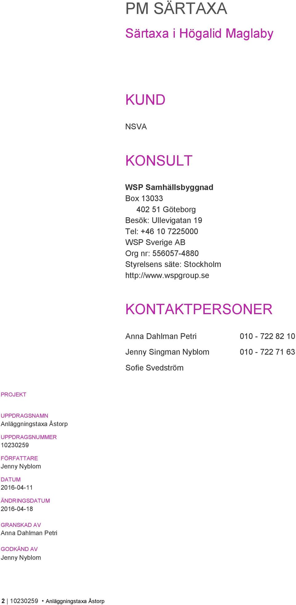 se KONTAKTPERSONER Anna Dahlman Petri 010-722 82 10 Jenny Singman Nyblom 010-722 71 63 Sofie Svedström PROJEKT UPPDRAGSNAMN