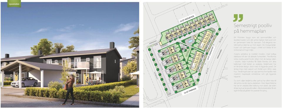 den så älskade funkisstilen Parvillornas sobra svarta panel bryter stiligt mot de kaxiga taken i aluzink Varje hushalva får både franska och äkta balkonger med räcken av opalglas Kedjehusen har en