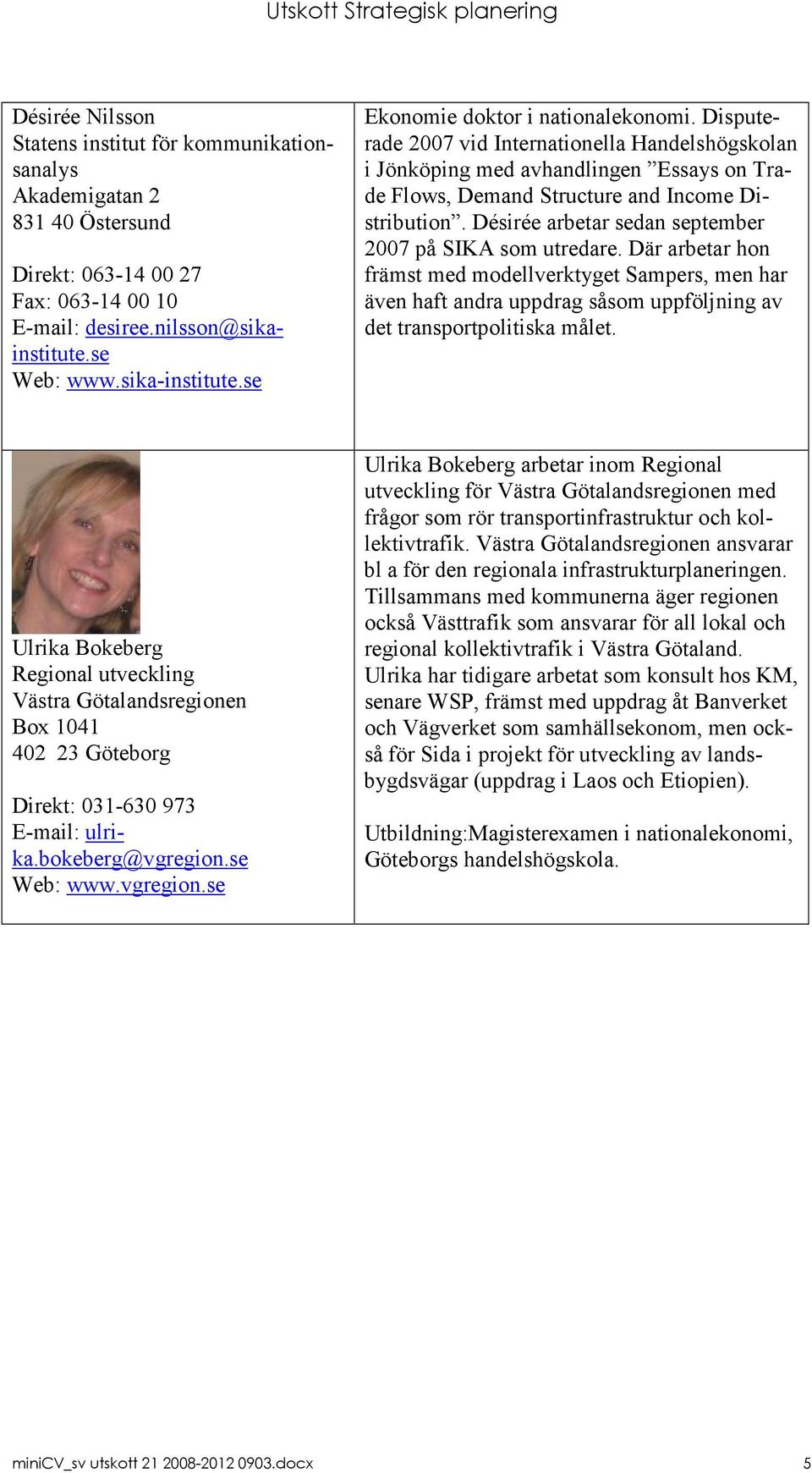 Désirée arbetar sedan september 2007 på SIKA som utredare. Där arbetar hon främst med modellverktyget Sampers, men har även haft andra uppdrag såsom uppföljning av det transportpolitiska målet.
