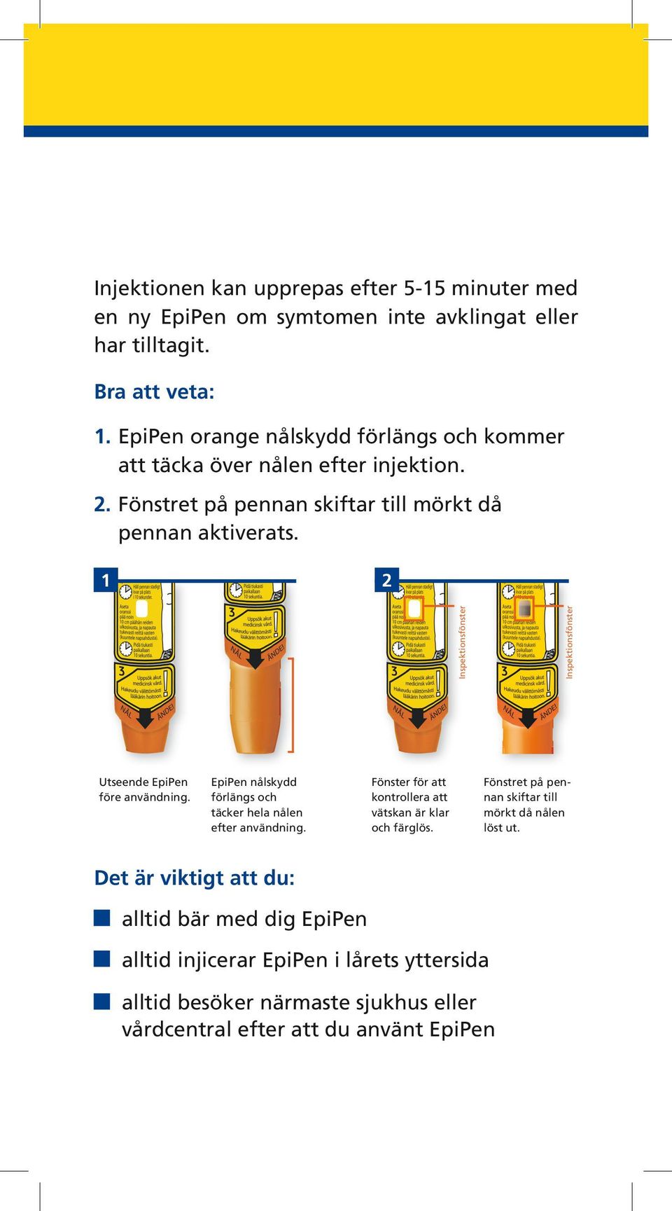 1 2 Inspektionsfönster Inspektionsfönster Utseende EpiPen före användning. EpiPen nålskydd förlängs och täcker hela nålen efter användning.