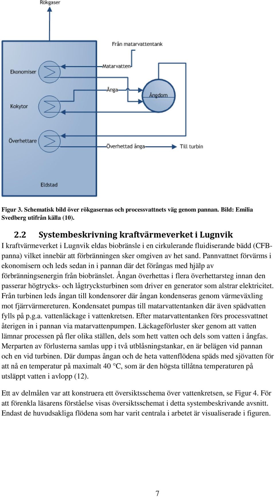 Pannvattnet förvärms i ekonomisern och leds sedan in i pannan där det förångas med hjälp av förbränningsenergin från biobränslet.