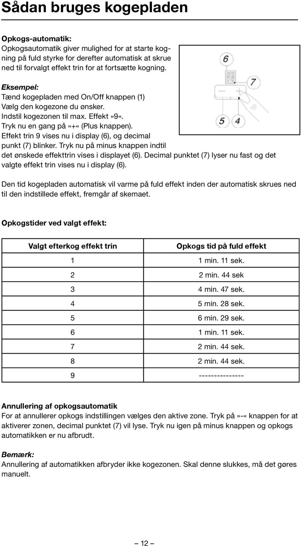 Effekt trin 9 vises nu i display (6), og decimal punkt (7) blinker. Tryk nu på minus knappen indtil det ønskede effekttrin vises i displayet (6).