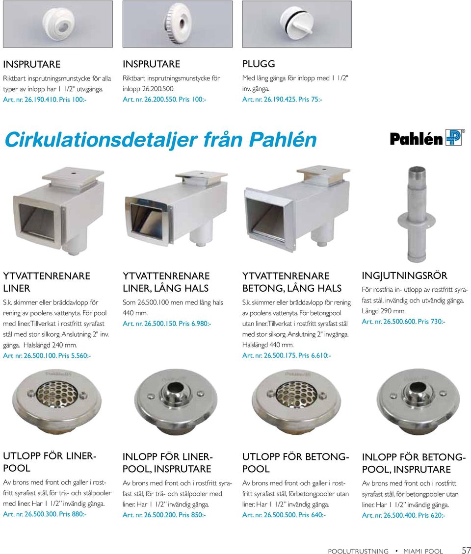 Pris 75:- Cirkulationsdetaljer från Pahlén liner liner, lång hals betong, lång hals INGJUTNINGSRÖR För rostfria in- utlopp av rostfritt syra- S.k. skimmer eller bräddavlopp för rening av poolens vattenyta.