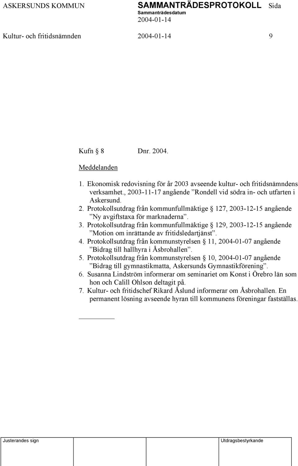 Protokollsutdrag från kommunfullmäktige 129, 2003-12-15 angående Motion om inrättande av fritidsledartjänst. 4.