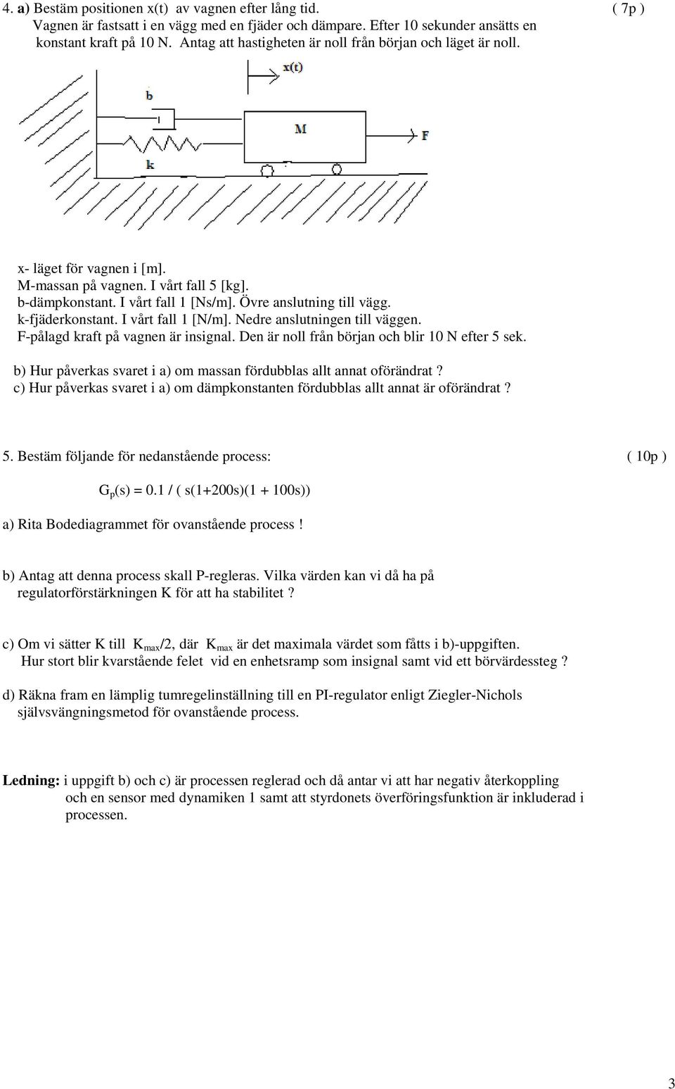 k-fjäderkonstant. I vårt fall 1 [N/m]. Nedre anslutningen till väggen. F-pålagd kraft på vagnen är insignal. Den är noll från början och blir 1 N efter 5 sek.