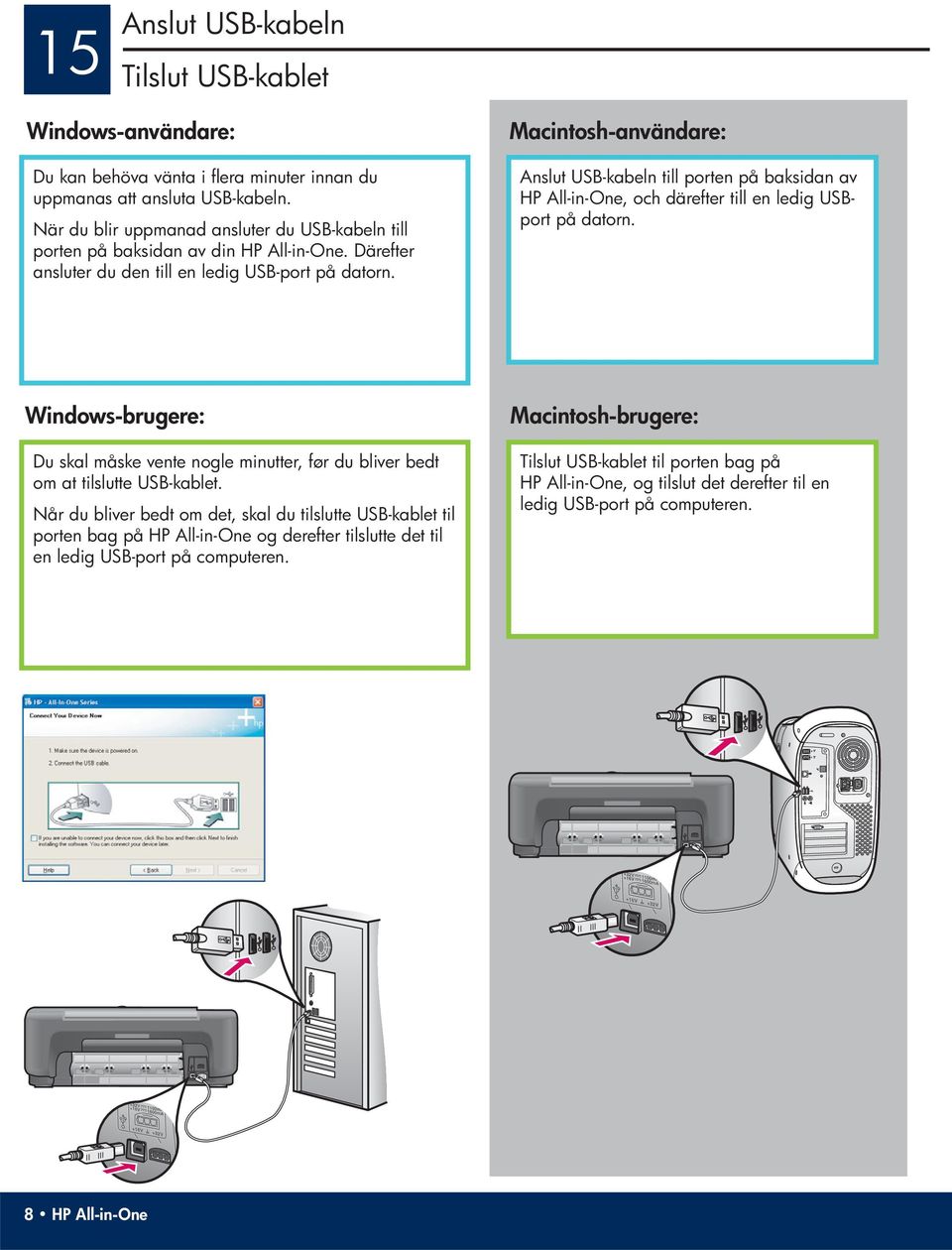 Macintosh-användare: Anslut USB-kabeln till porten på baksidan av HP All-in-One, och därefter till en ledig USBport på datorn.