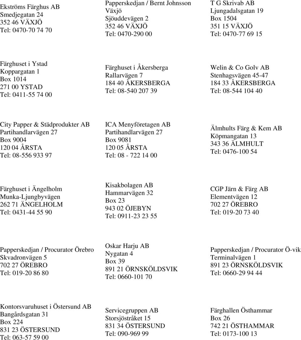 08-544 104 40 City Papper & Städprodukter Partihandlarvägen 27 Box 9004 120 04 ÅRSTA 08-556 933 97 ICA Menyföretagen Partihandlarvägen 27 Box 9081 120 05 ÅRSTA 08-722 14 00 Älmhults Färg & Kem