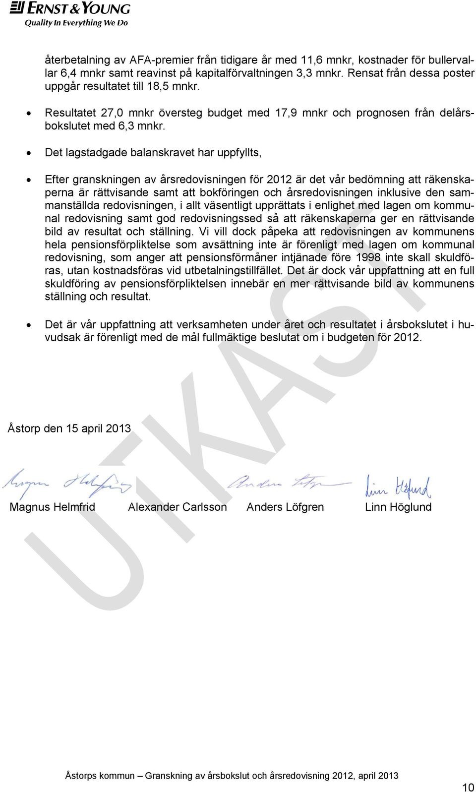 Det lagstadgade balanskravet har uppfyllts, Efter granskningen av årsredovisningen för 2012 är det vår bedömning att räkenskaperna är rättvisande samt att bokföringen och årsredovisningen inklusive