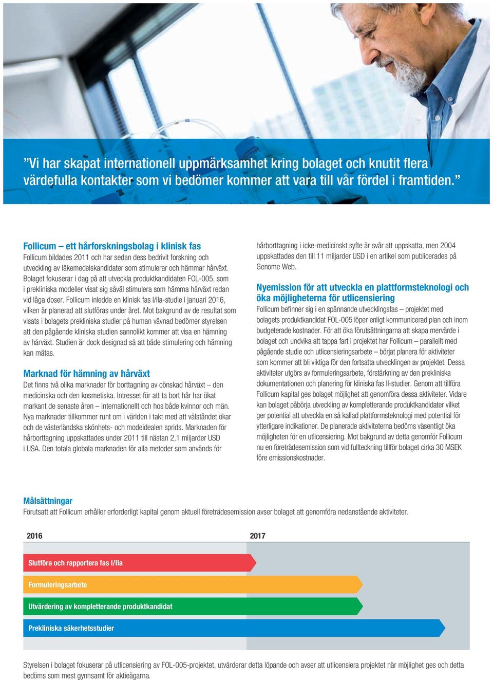 Bolaget fokuserar i dag på att utveckla produktkandidaten FOL-005, som i prekliniska modeller visat sig såväl stimulera som hämma hårväxt redan vid låga doser.