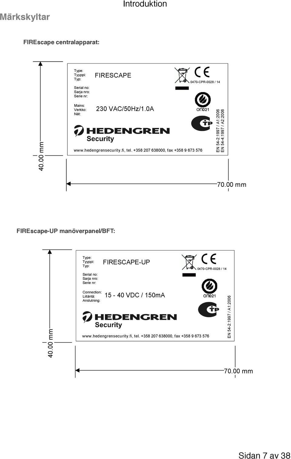 +358 207 638000, fax +358 9 673 576 EN 54-2:1997 / A1:2006 EN 54-4:1997 / A2:2006 70.