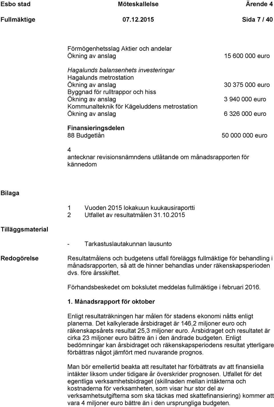 Kommunalteknik för Kägeluddens metrostation Ökning av anslag 15 600 000 euro 30 375 000 euro 3 940 000 euro 6 326 000 euro Finansieringsdelen 88 Budgetlån 50 000 000 euro 4 antecknar