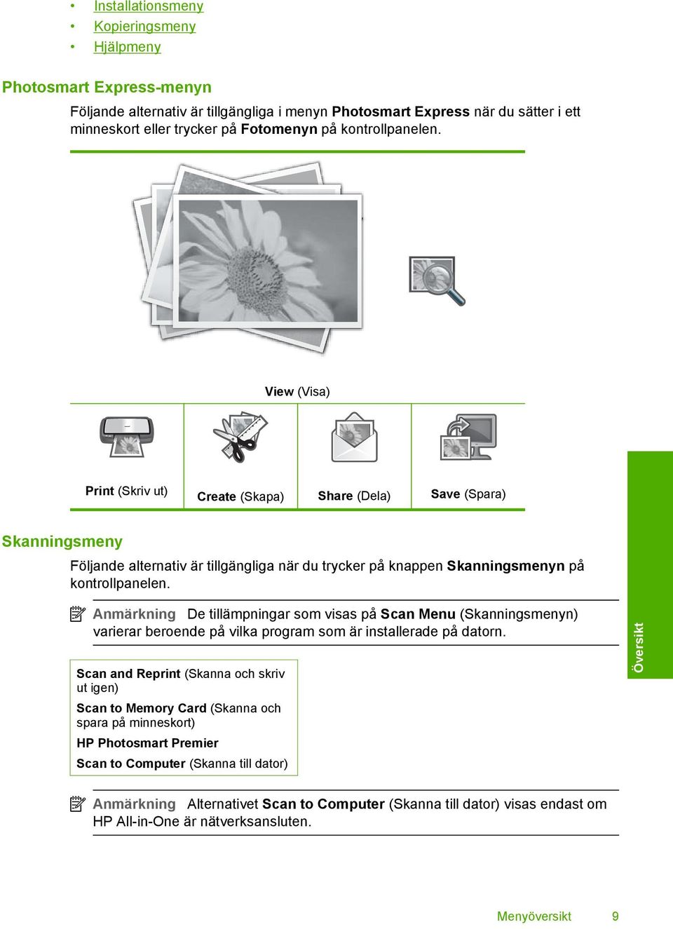 Anmärkning De tillämpningar som visas på Scan Menu (Skanningsmenyn) varierar beroende på vilka program som är installerade på datorn.