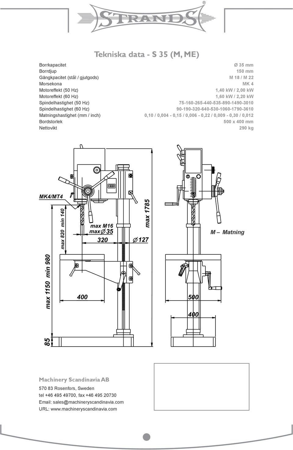 / 0,006-0,22 / 0,009-0,30 / 0,012 Bordstorlek 500 x 400 mm Nettovikt 290 kg MK4/MT4 max 820 min 140 max 1785 max M16 max 35 M Avance - Matning/ 320 127 Boîte controlado d avance 85