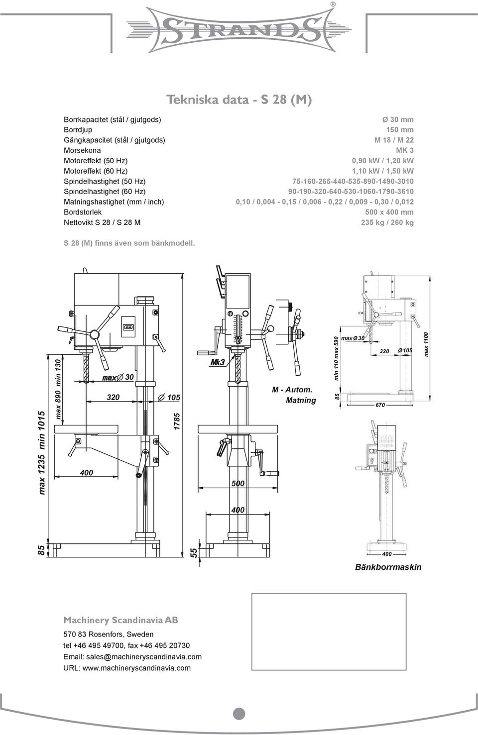0,009-0,30 / 0,012 Bordstorlek 500 x 400 mm Nettovikt S 28 / S 28 M 235 kg / 260 kg S 28 (M) finns även som bänkmodell. max 1235 min 1015 max 890 min 130 400 320 30 105 1785 500 M - Autom.