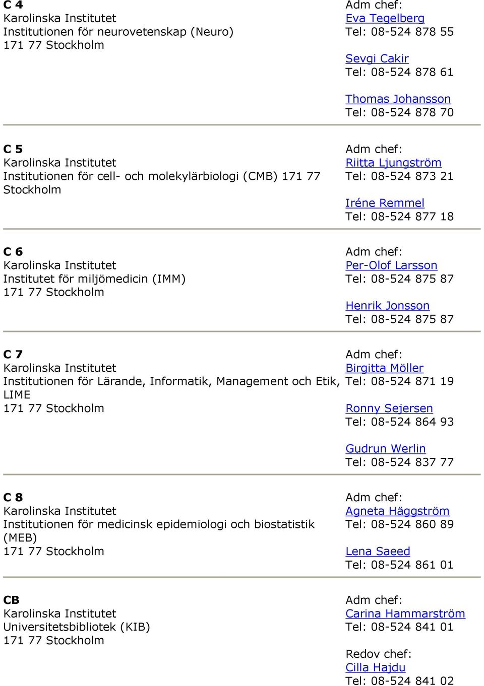 Institutionen för Lärande, Informatik, Management och Etik, LIME Birgitta Möller Tel: 08-524 871 19 Ronny Sejersen Tel: 08-524 864 93 Gudrun Werlin Tel: 08-524 837 77 C 8 Institutionen för medicinsk