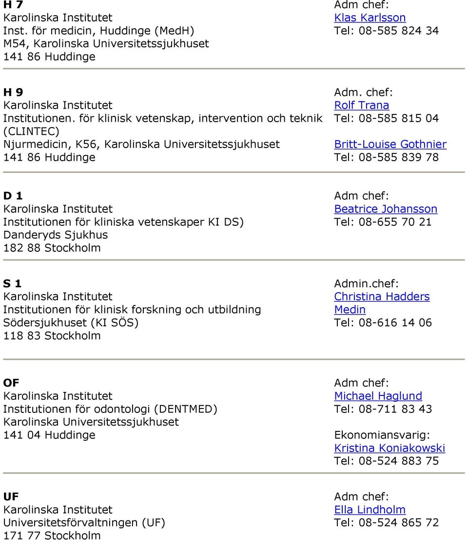 Tel: 08-655 70 21 S 1 Institutionen för klinisk forskning och utbildning Södersjukhuset (KI SÖS) 118 83 Stockholm Admin.