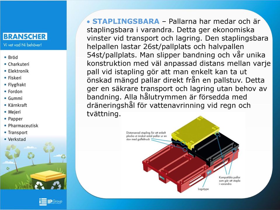 Man slipper bandning och vår unika konstruktion med väl anpassad distans mellan varje pall vid istapling gör att man enkelt kan ta ut