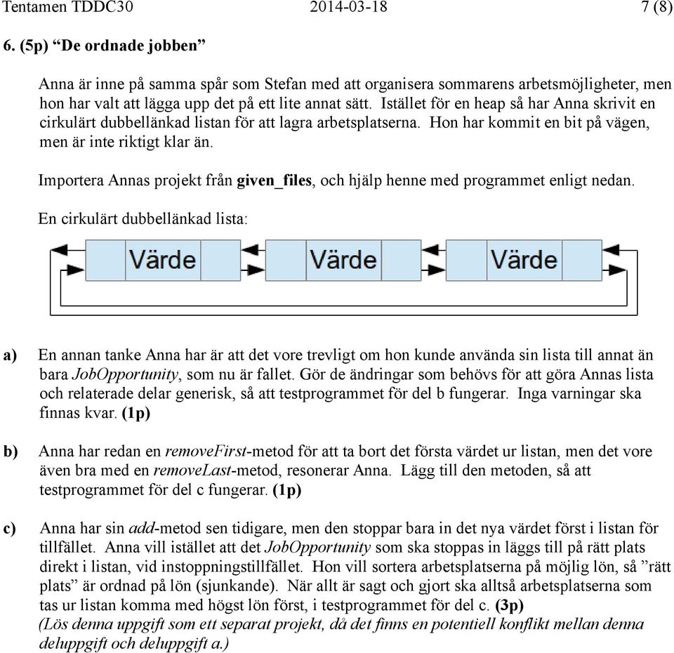 Istället för en heap så har Anna skrivit en cirkulärt dubbellänkad listan för att lagra arbetsplatserna. Hon har kommit en bit på vägen, men är inte riktigt klar än.