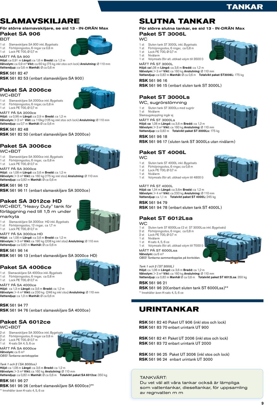 Vattendjup: ca 0,6 m Manhål: Ø ca 0,6 m RSK 561 82 47 RSK 561 82 53 ( enbart slamavskiljare SA 900 ) Paket SA 2006ce WC+BDT 1 st Slamavskiljare SA 2000ce inkl.