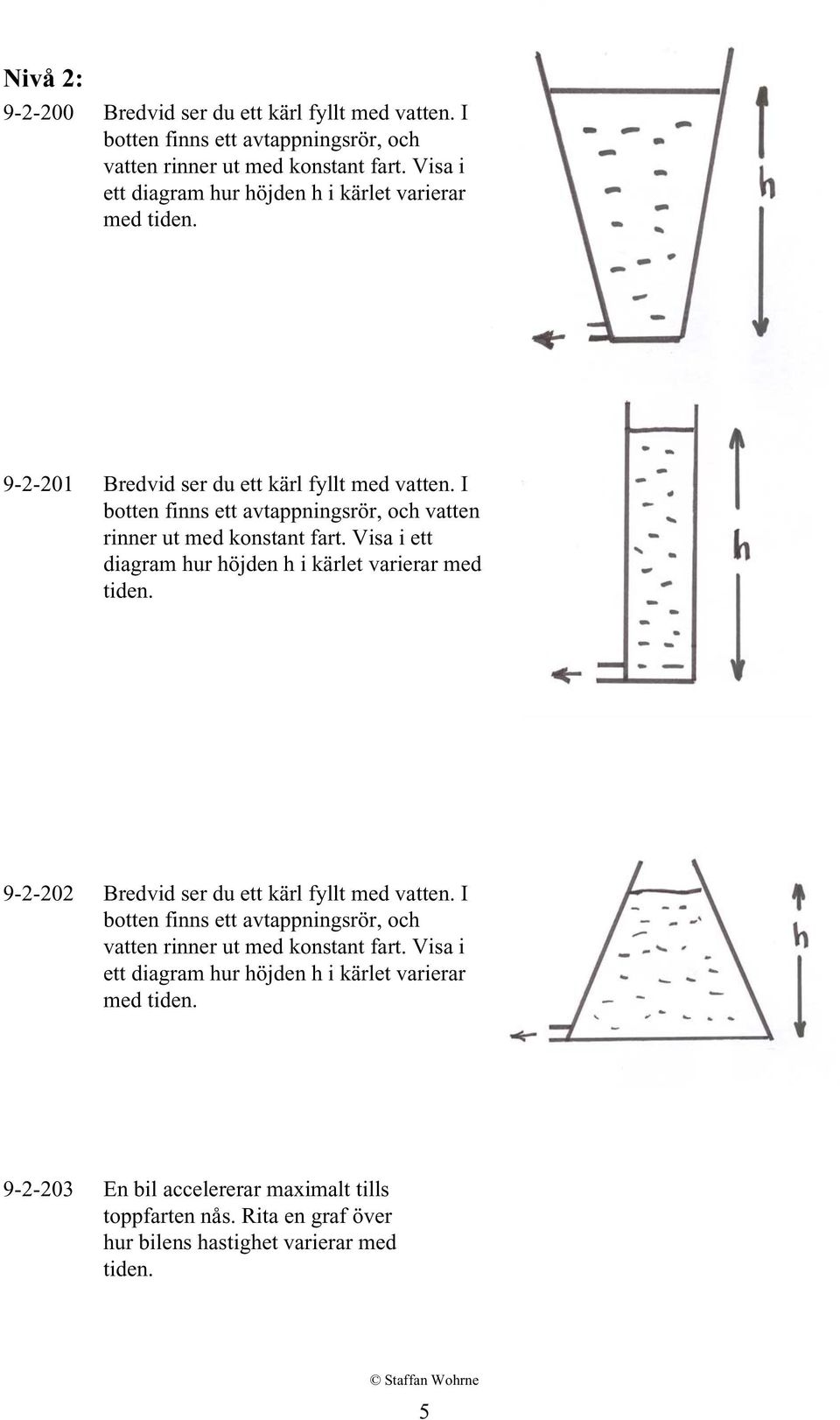 I botten finns ett avtappningsrör, och vatten rinner ut med konstant fart. Visa i ett diagram hur höjden h i kärlet varierar med tiden.