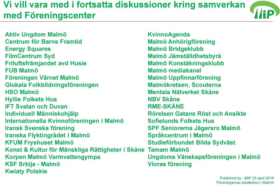 Iranska Flyktingrådet i Malmö KFUM Fryshuset Malmö Konst & Kultur för Mänskliga Rättigheter i Skåne Korpen Malmö Varmvattengympa KSF Srbija - Malmö Kwiaty Polskie KvinnoAgenda Malmö Anhörigförening