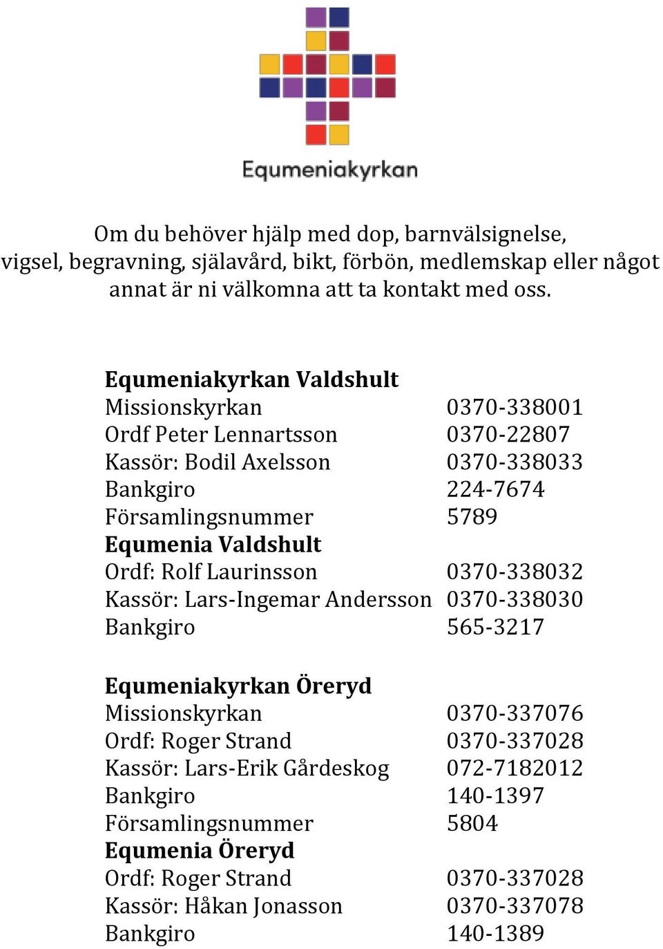 Laurinsson 0370-338032 Kasso r: Lars-Ingemar Andersson 0370-338030 Bankgiro 565-3217 Equmeniakyrkan Öreryd Missionskyrkan 0370-337076 Ördf: Roger Strand 0370-337028 Kasso r: