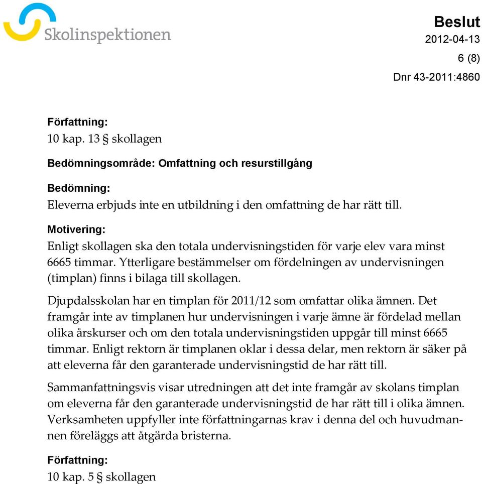 Ytterligare bestämmelser om fördelningen av undervisningen (timplan) finns i bilaga till skollagen. Djupdalsskolan har en timplan för 2011/12 som omfattar olika ämnen.