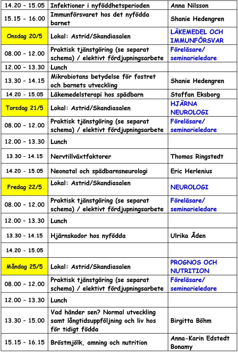 14.20-15.05 Läkemedelsterapi hos spädbarn Staffan Eksborg Torsdag 21/5 HJÄRNA NEUROLOGI Nervtillväxtfaktorer 14.20-15.05 Neonatal och spädbarnsneurologi Eric Herlenius Fredag 22/5 NEUROLOGI Hjärnskador hos nyfödda Ulrika Åden 14.