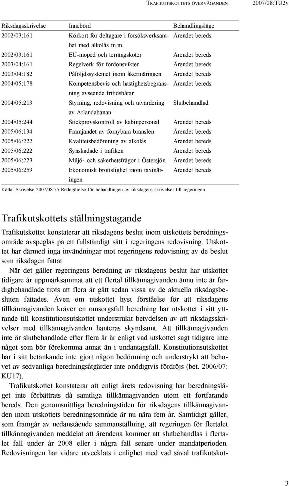 avseende fritidsbåtar 2004/05:213 Styrning, redovisning och utvärdering Slutbehandlad av Arlandabanan 2004/05:244 Stickprovskontroll av kabinpersonal 2005/06:134 Främjandet av förnybara bränslen