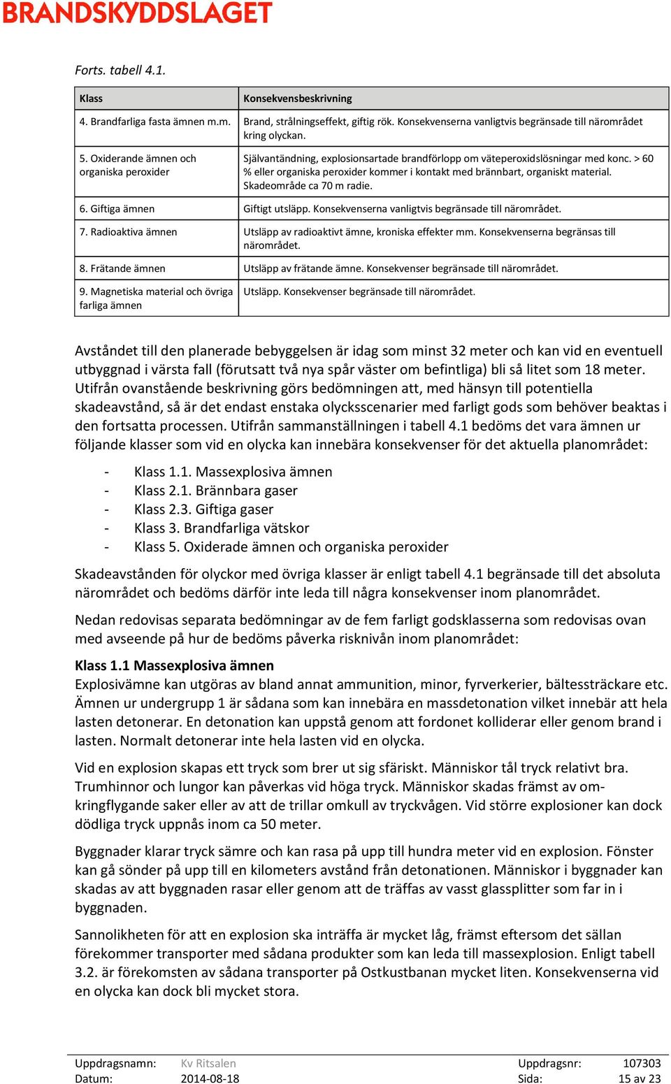 > 60 % eller organiska peroxider kommer i kontakt med brännbart, organiskt material. Skadeområde ca 70 m radie. 6. Giftiga ämnen Giftigt utsläpp. Konsekvenserna vanligtvis begränsade till närområdet.