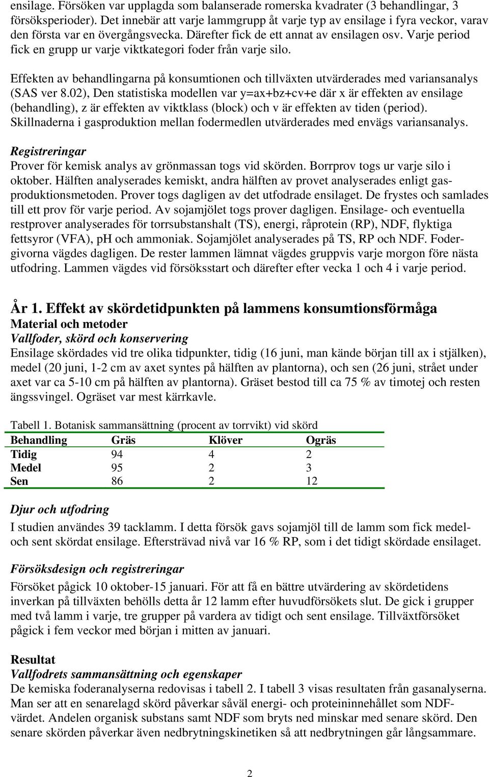 Varje period fick en grupp ur varje viktkategori foder från varje silo. Effekten av behandlingarna på konsumtionen och tillväxten utvärderades med variansanalys (SAS ver 8.