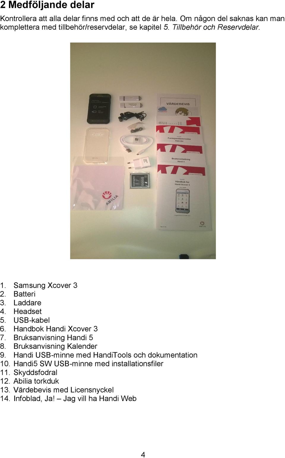 Batteri 3. Laddare 4. Headset 5. USB-kabel 6. Handbok Handi Xcover 3 7. Bruksanvisning Handi 5 8. Bruksanvisning Kalender 9.