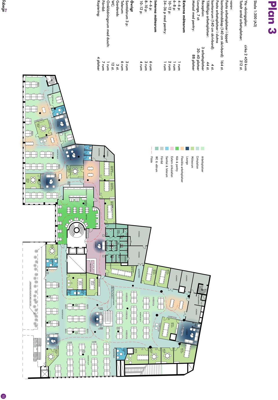 Fasta arbetsplatser i slutna kontorsrum (140 cm skrivbord): 4 st. Tillfälliga arbetsplatser: 44 st.