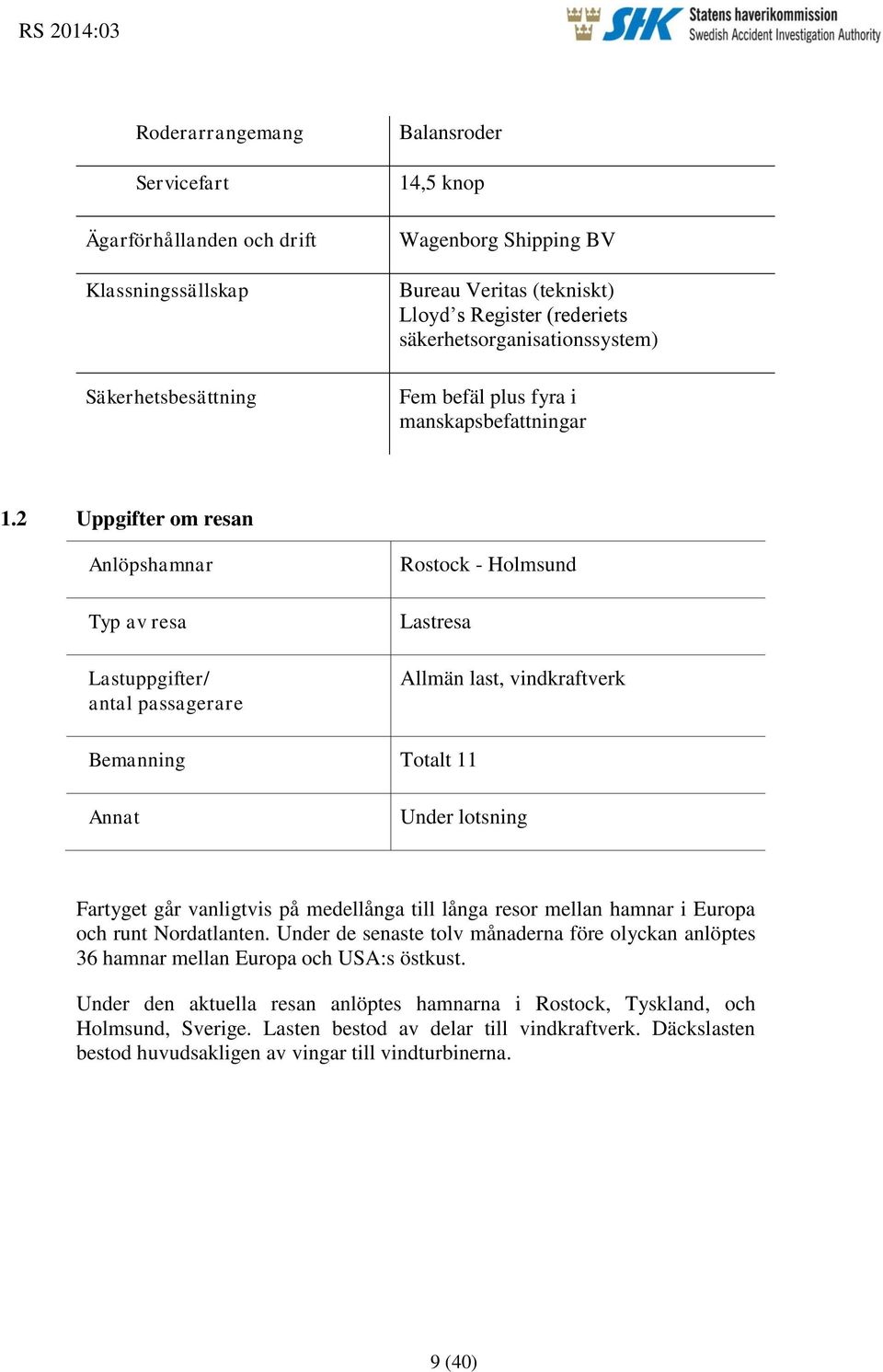 2 Uppgifter om resan Anlöpshamnar Typ av resa Lastuppgifter/ antal passagerare Rostock - Holmsund Lastresa Allmän last, vindkraftverk Bemanning Totalt 11 Annat Under lotsning Fartyget går vanligtvis