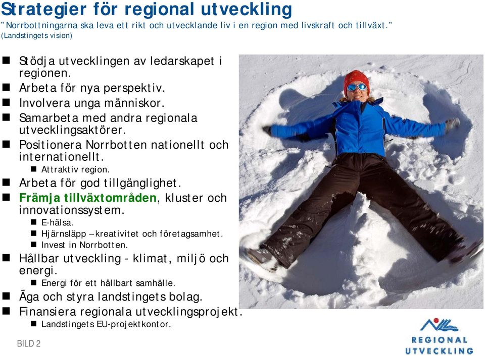 Positionera Norrbotten nationellt och internationellt. Attraktiv region. Arbeta för god tillgänglighet. Främja tillväxtområden, kluster och innovationssystem. E-hälsa.