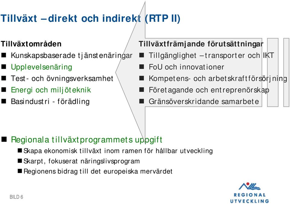 Kompetens- och arbetskraftförsörjning Företagande och entreprenörskap Gränsöverskridande samarbete Regionala tillväxtprogrammets uppgift