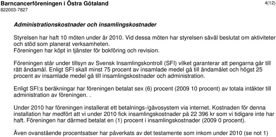 Föreningen står under tillsyn av Svensk Insamlingskontroll (SFI) vilket garanterar att pengarna går till rätt ändamål.