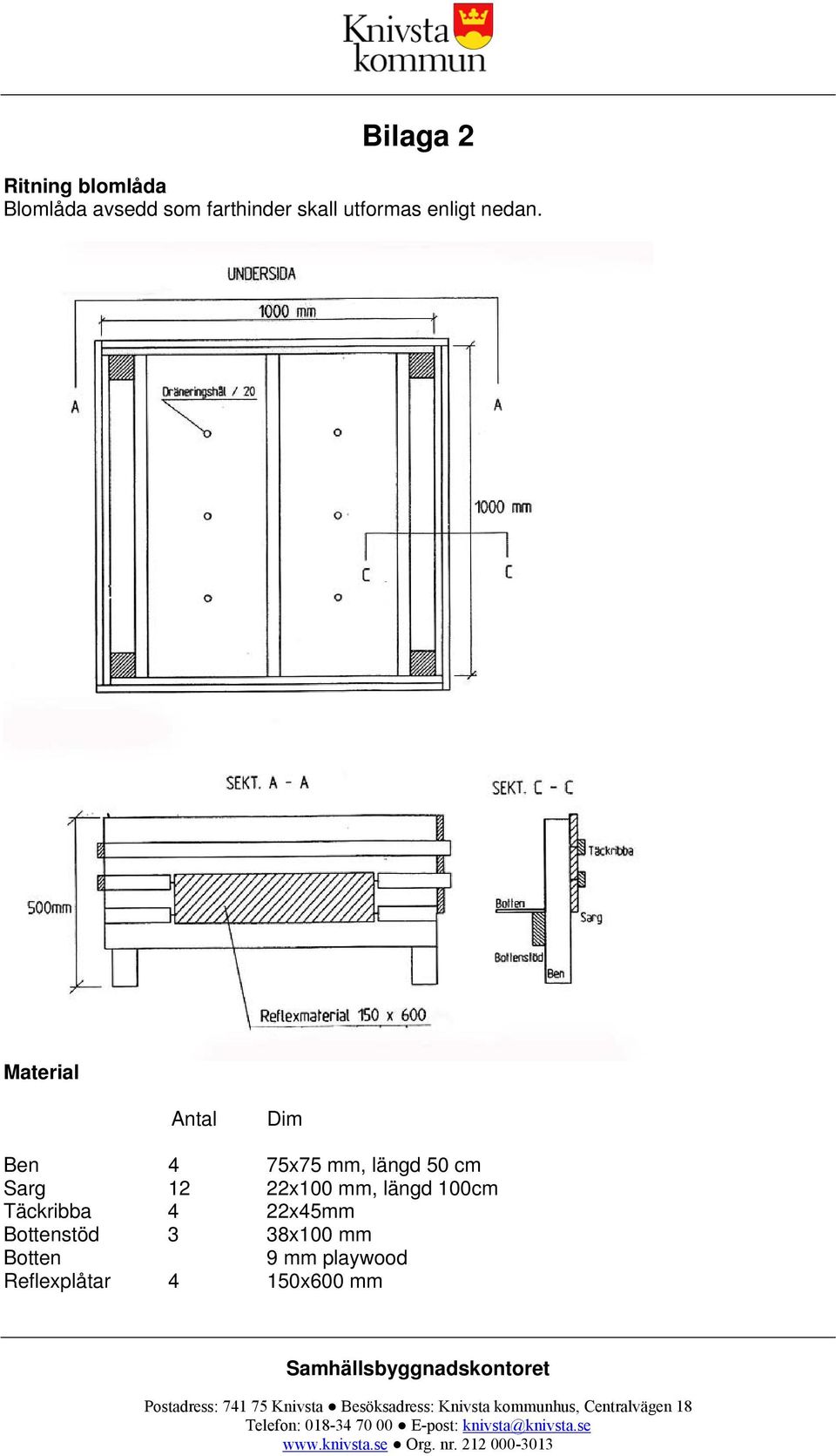 Material Antal Dim Ben 4 75x75 mm, längd 50 cm Sarg 12 22x100