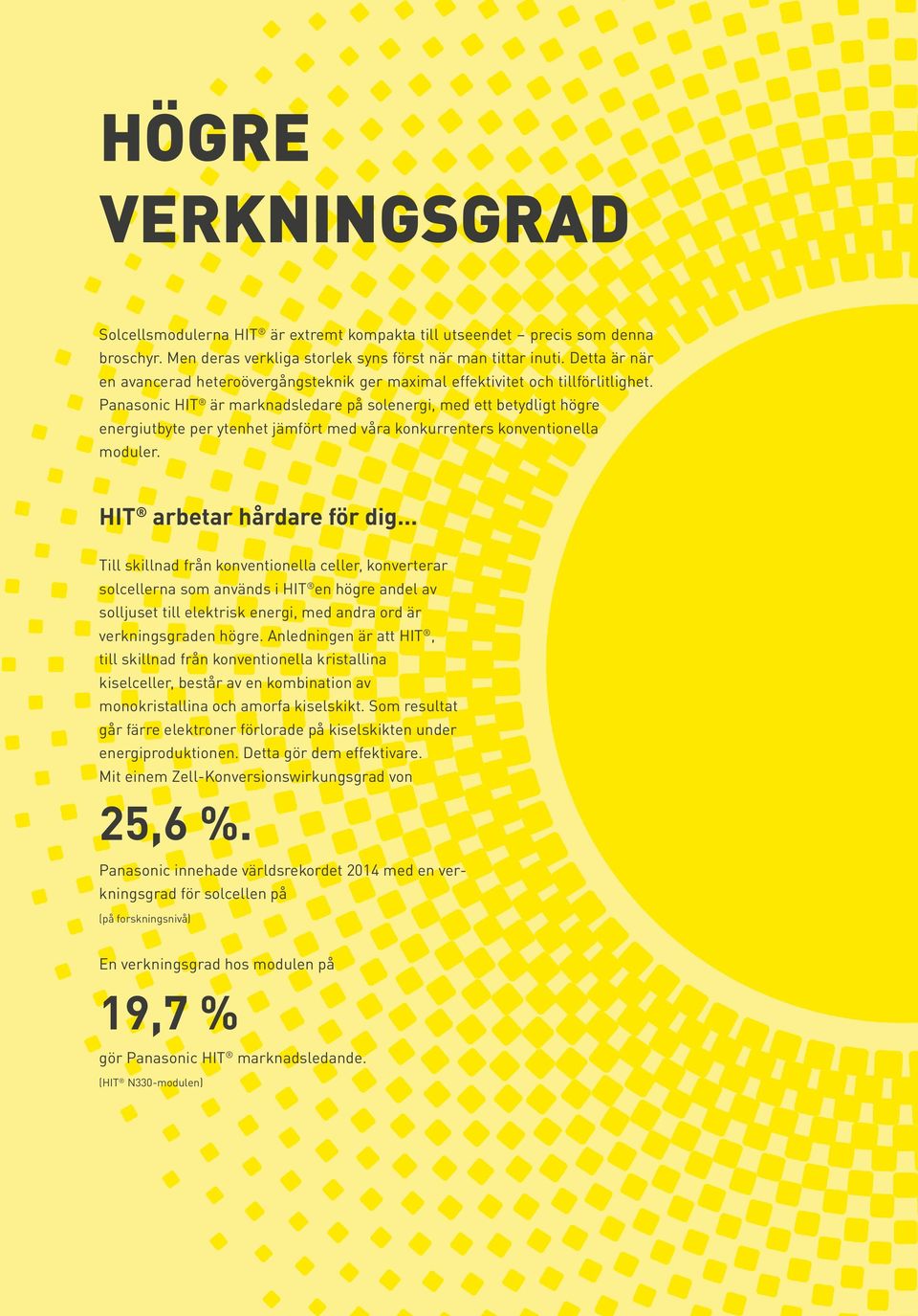 Panasonic är marknadsledare på solenergi, med ett betydligt högre energiutbyte per ytenhet jämfört med våra konkurrenters konventionella moduler. arbetar hårdare för dig.